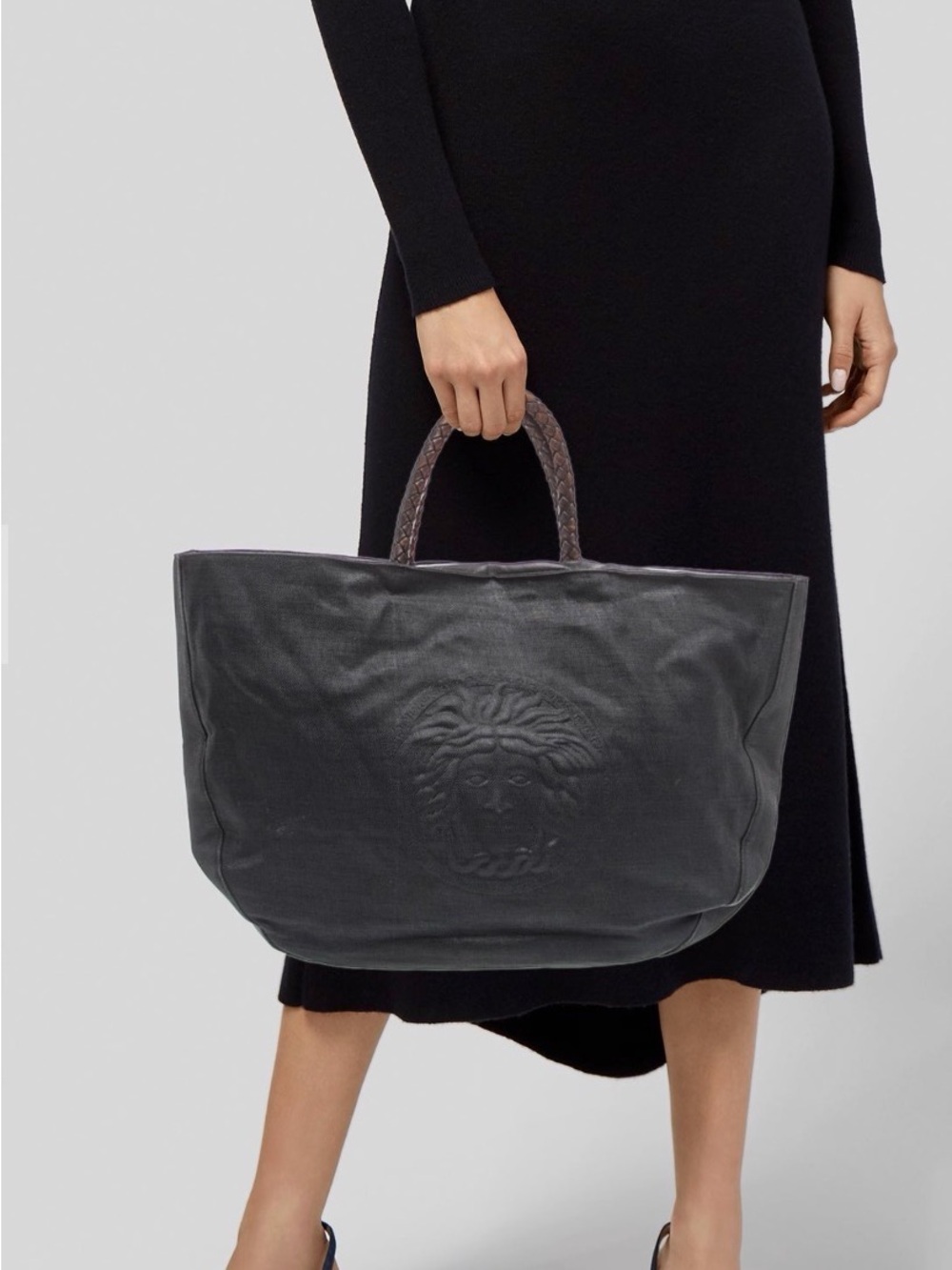 Versace Couture Black pleather Tote with Braided Handles